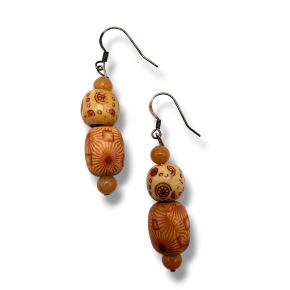 African Sese Wood Bead Dangle Drop Hook Earrings Boho Lightweight - Picture 1 of 6